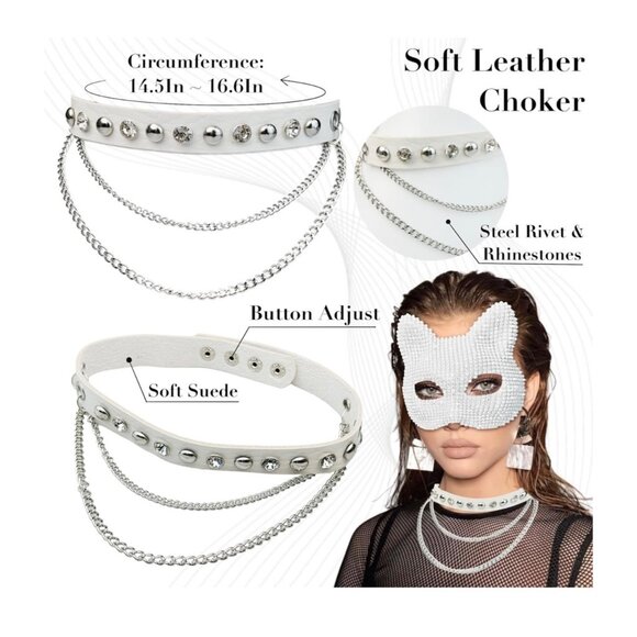 Jeweled Cat Empress Outfit Costume Rhinestone Mask Choker Tail Claw Gloves NEW - Picture 4 of 4